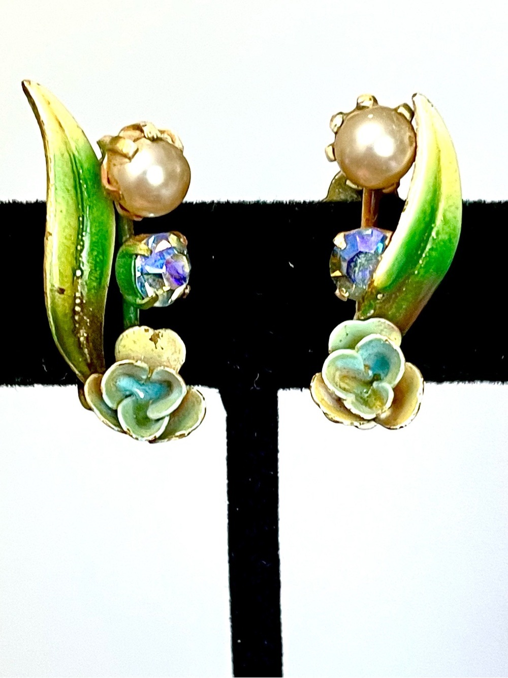 Vintage 1950s Floral Enamel Pearl AB Rhinestone Clip Earrings Hand-Painted MCM